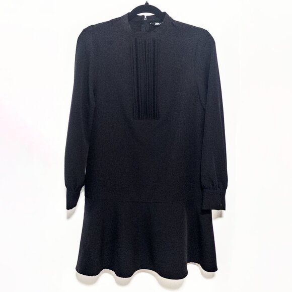 Zara Pintucked Dress w/ Lace Trim Size XS Black Crepe Flare Shift Mini Cocktail - Picture 3 of 7